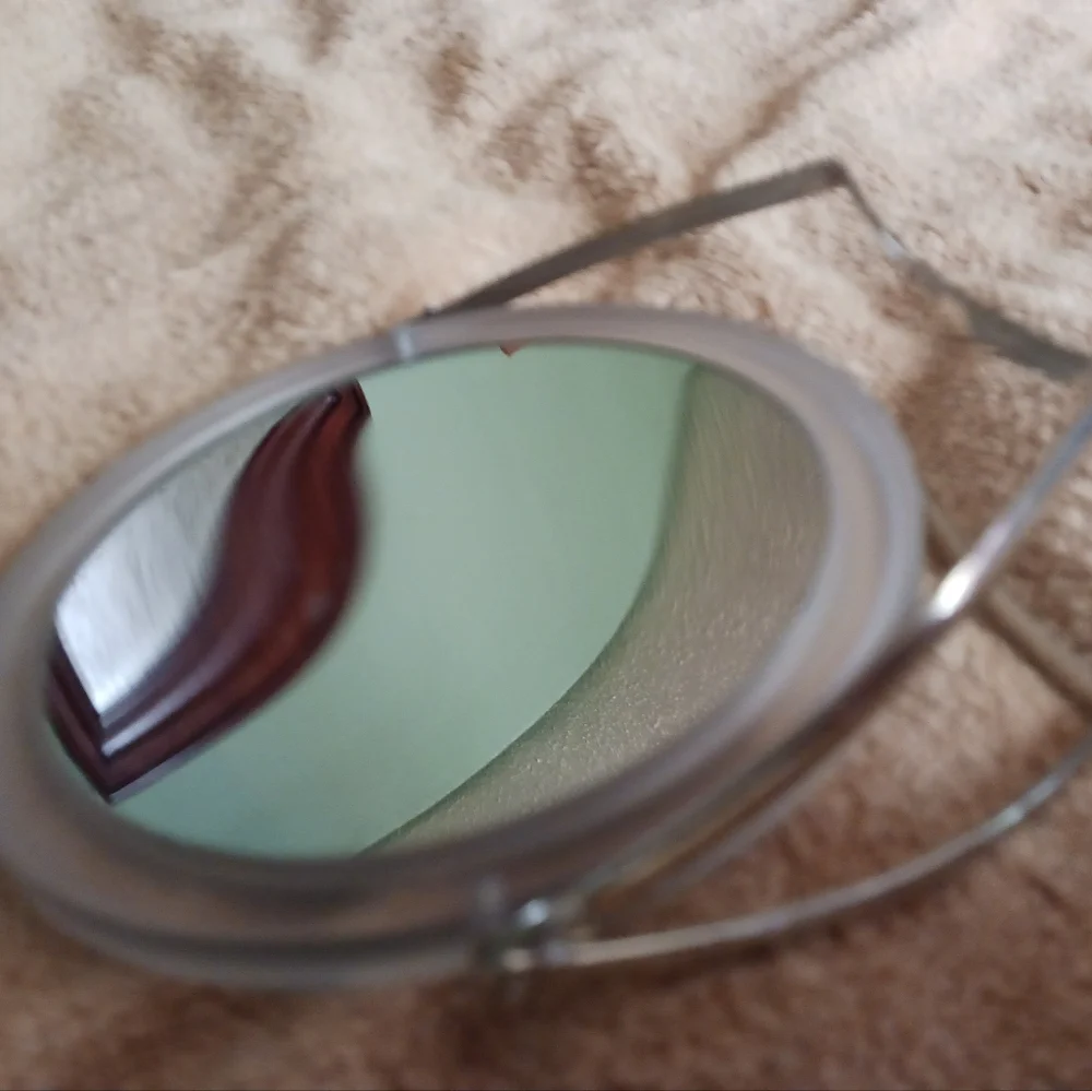 Two side foldable makeup / shaving MIRROR clear frame, silver stand, 4 7/8 inch